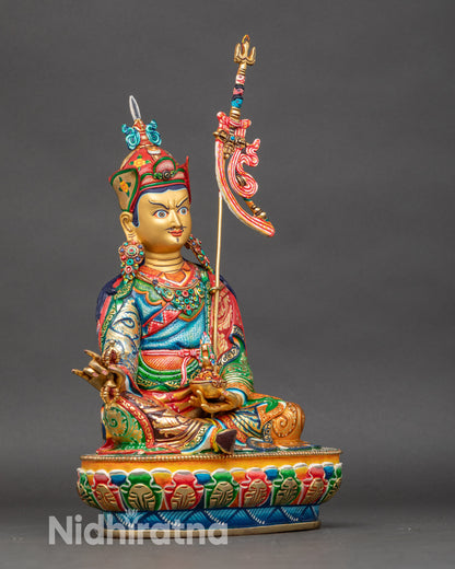 guru-rinpoche-statue-side-view-seated-lotus-throne-royal-posture-himalayan-sculpture