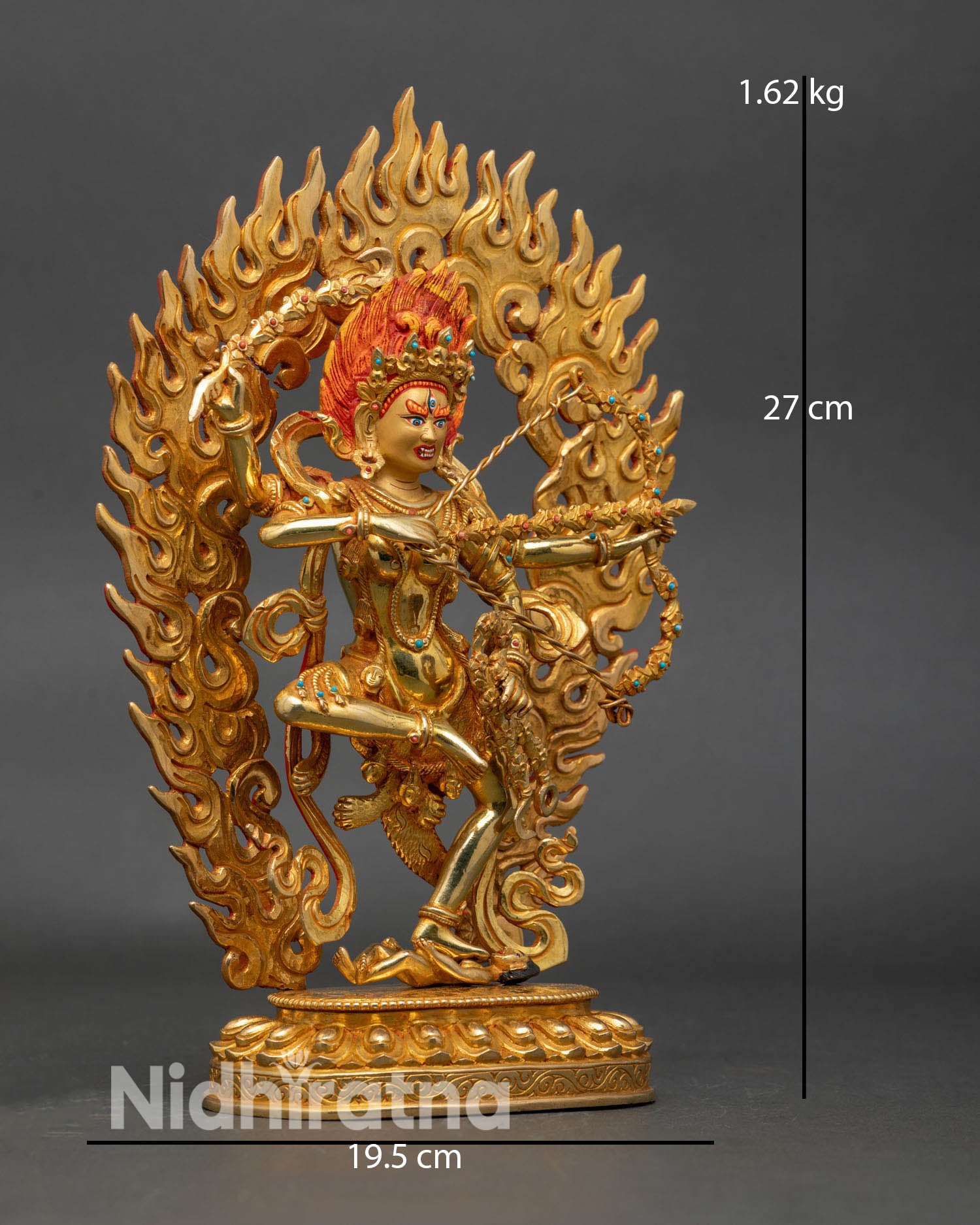Side view Kurukulla statue halo flames lotus base handcrafted Nepal