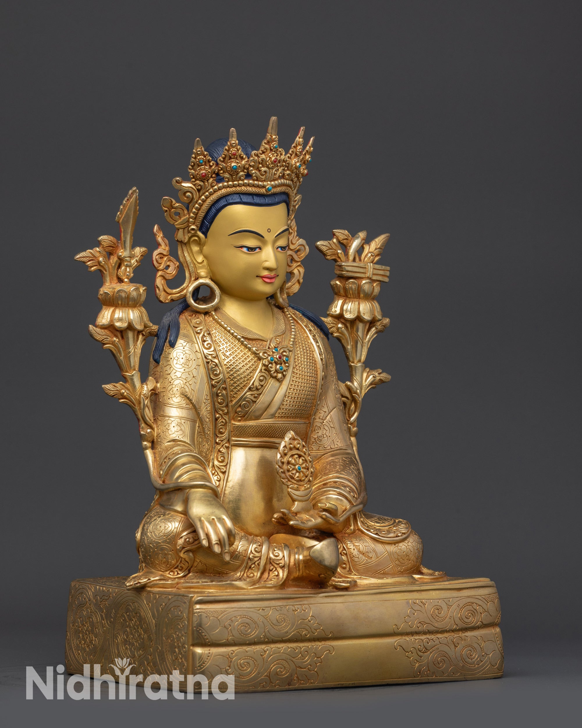 Right view side handcrafted Trisong Detsen Tibetan king sculpture with Dharma Wheel
