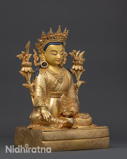 Right view side handcrafted Trisong Detsen Tibetan king sculpture with Dharma Wheel
