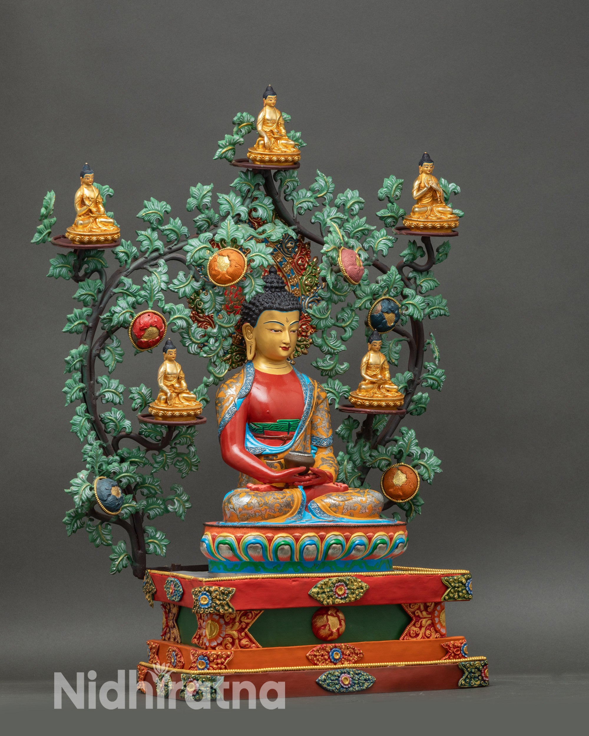 Side view five Dhyani Buddhas on golden lotus bases with ornamental Bodhi tree