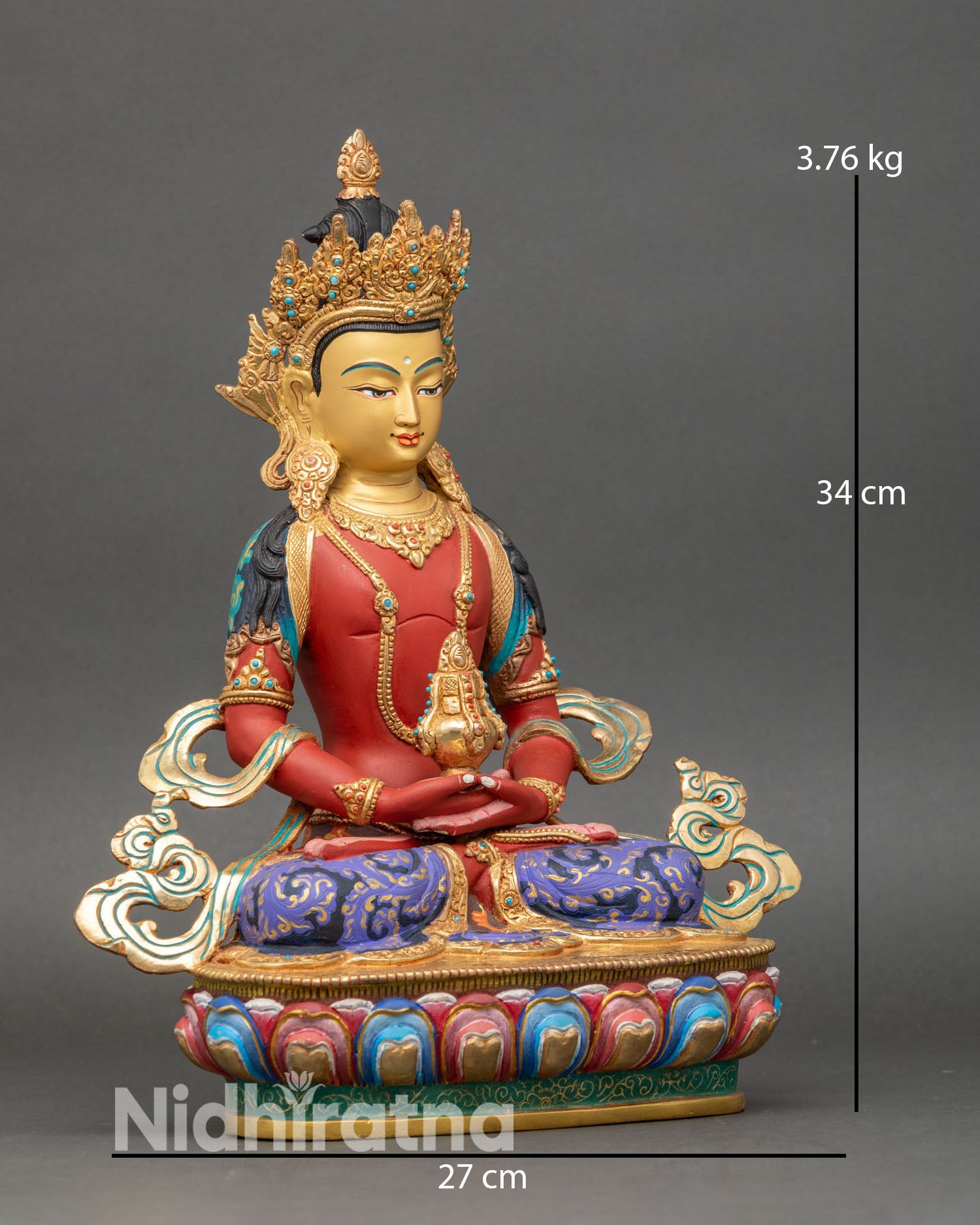 right side view of amitayus statue holding longevity vase with multicolored robes