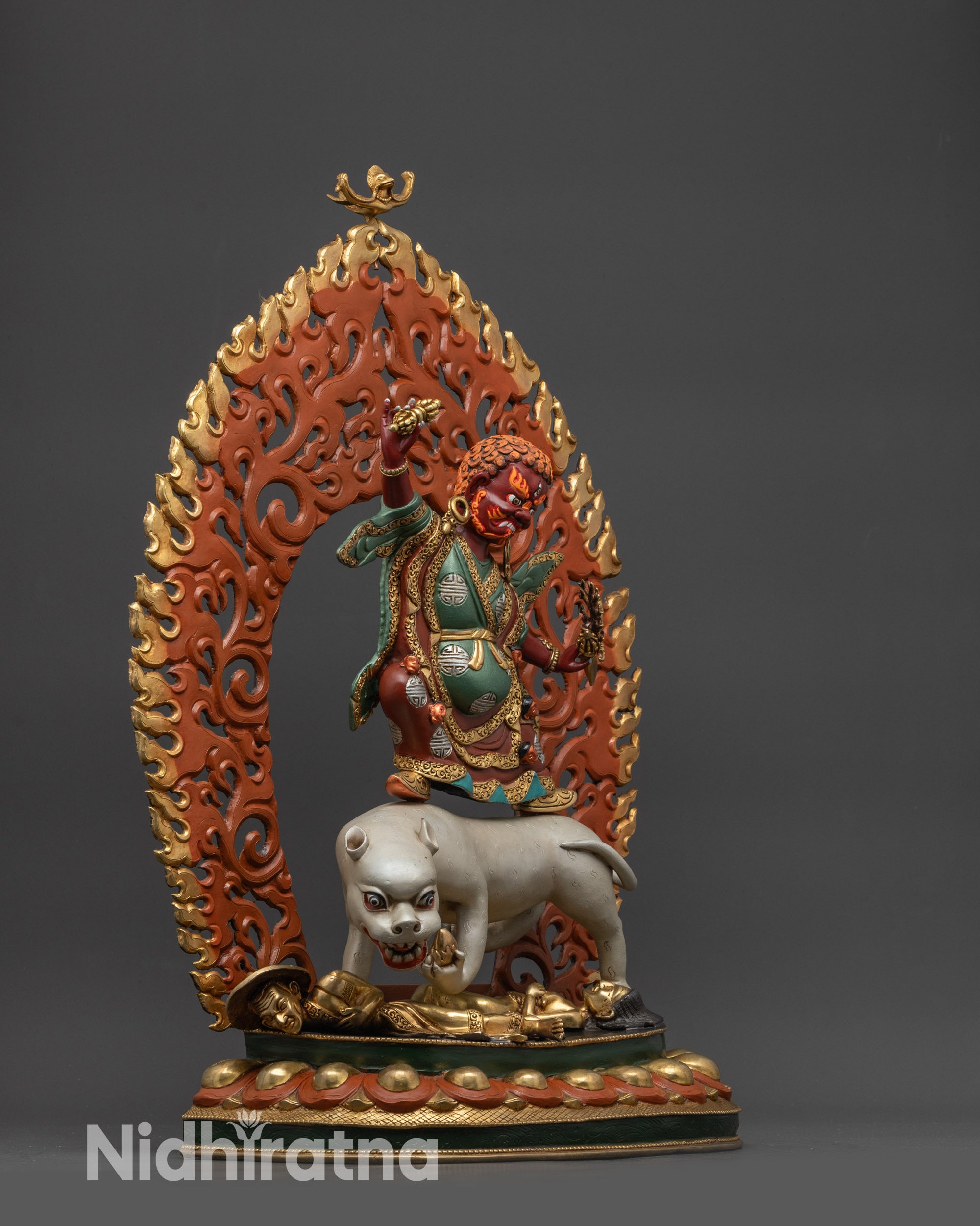 Side view handcrafted Dorje Drolo statue on tigress with Flames of Halo
