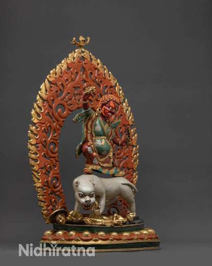 Side view handcrafted Dorje Drolo statue on tigress with Flames of Halo

