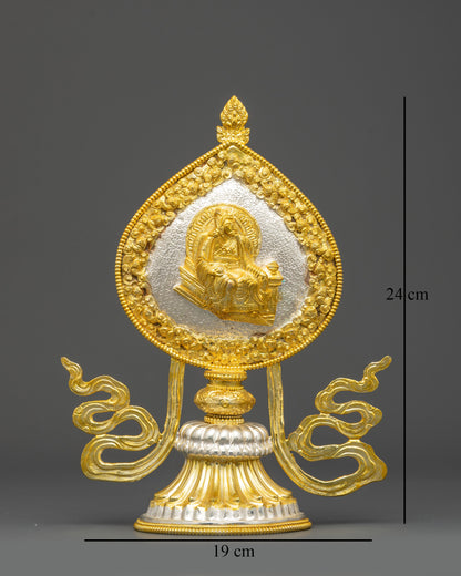 Astamangala symbols showing gold and silver plated copper Himalayan metalwork