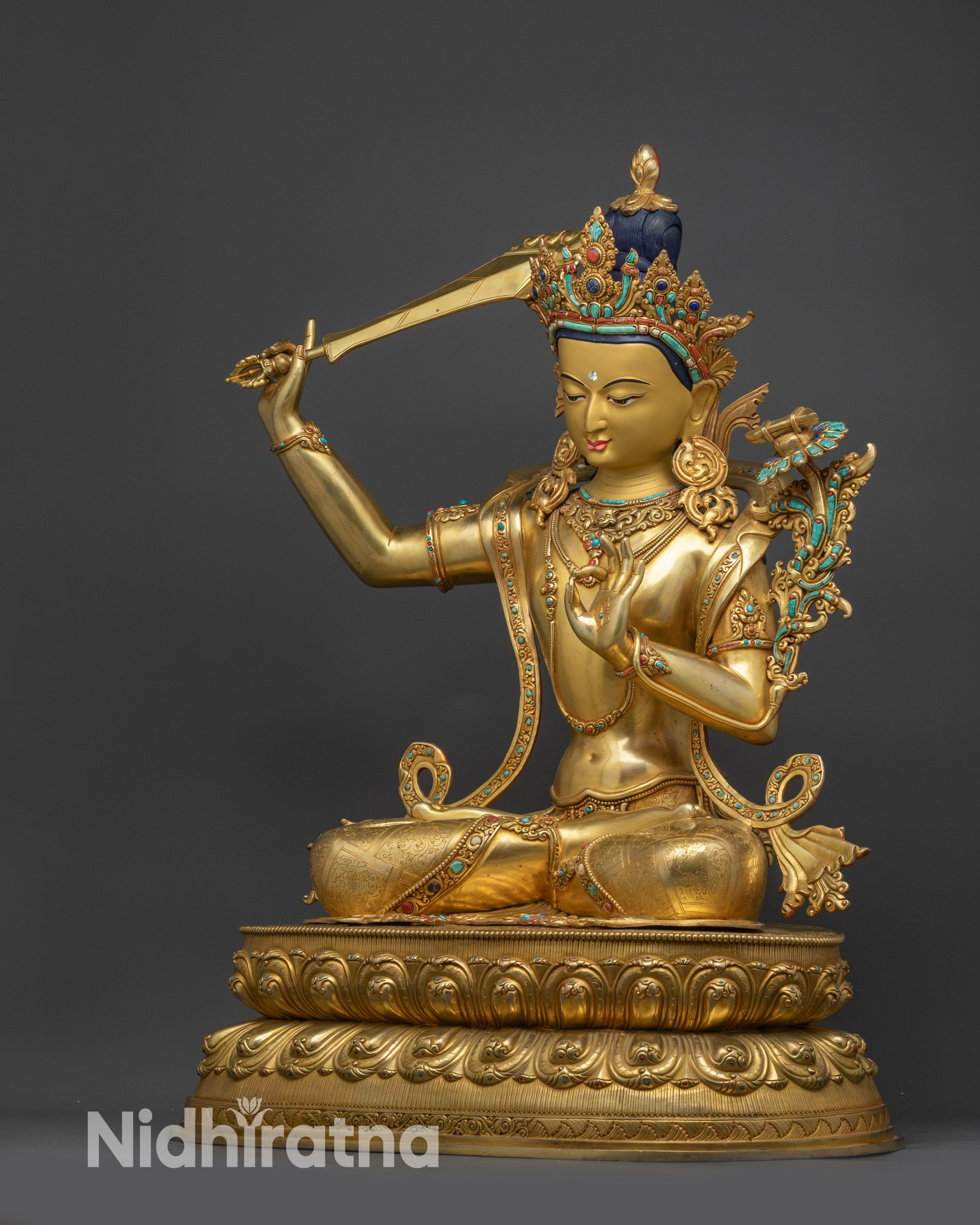 Buddhist Manjushri Statue | Gold-Gilded Bodhisattva of Knowledge Idol