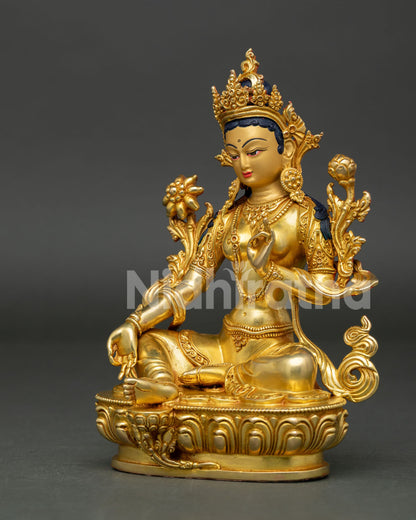 Green Tara Statue | 24K Gold Gilded Copper Art from Nepal