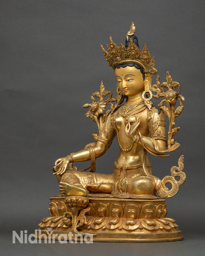 24K Gold Hand-Carved  Green Tara Statue for Spiritual Space