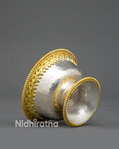 Side view seven Water Offering Bowls, handcrafted copper with gold & silver plating