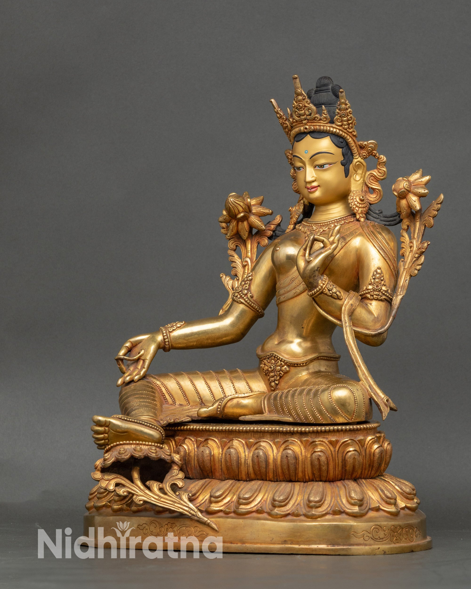 Nepalese Mother Green Tara Statue | 24K Gold Gilded Buddhist Art