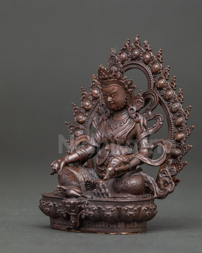 Detailed view of Dzambhala statue highlighting wealth symbols and Himalayan craftsmanship