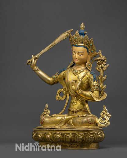 Bodhisattva of Wisdom Manjushri Statue | 24K Fire Gold-Gilded Sculpture