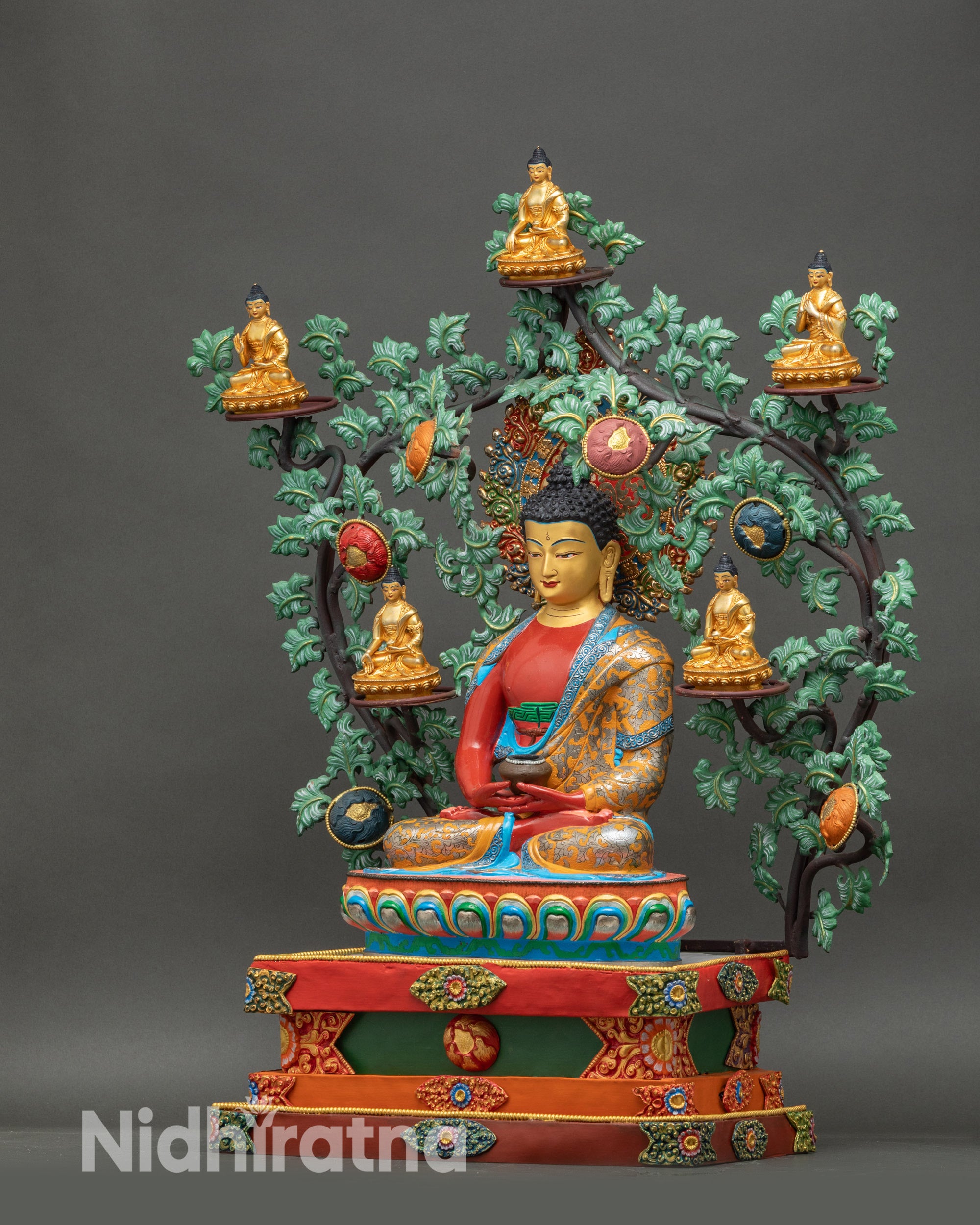 Amitabha Buddha and Five Dhyani Buddhas | Sacred Bodhi Tree Sculpture