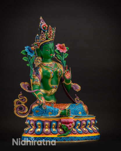 Regular side right Green Tara statue side view right showing lotus base and robes