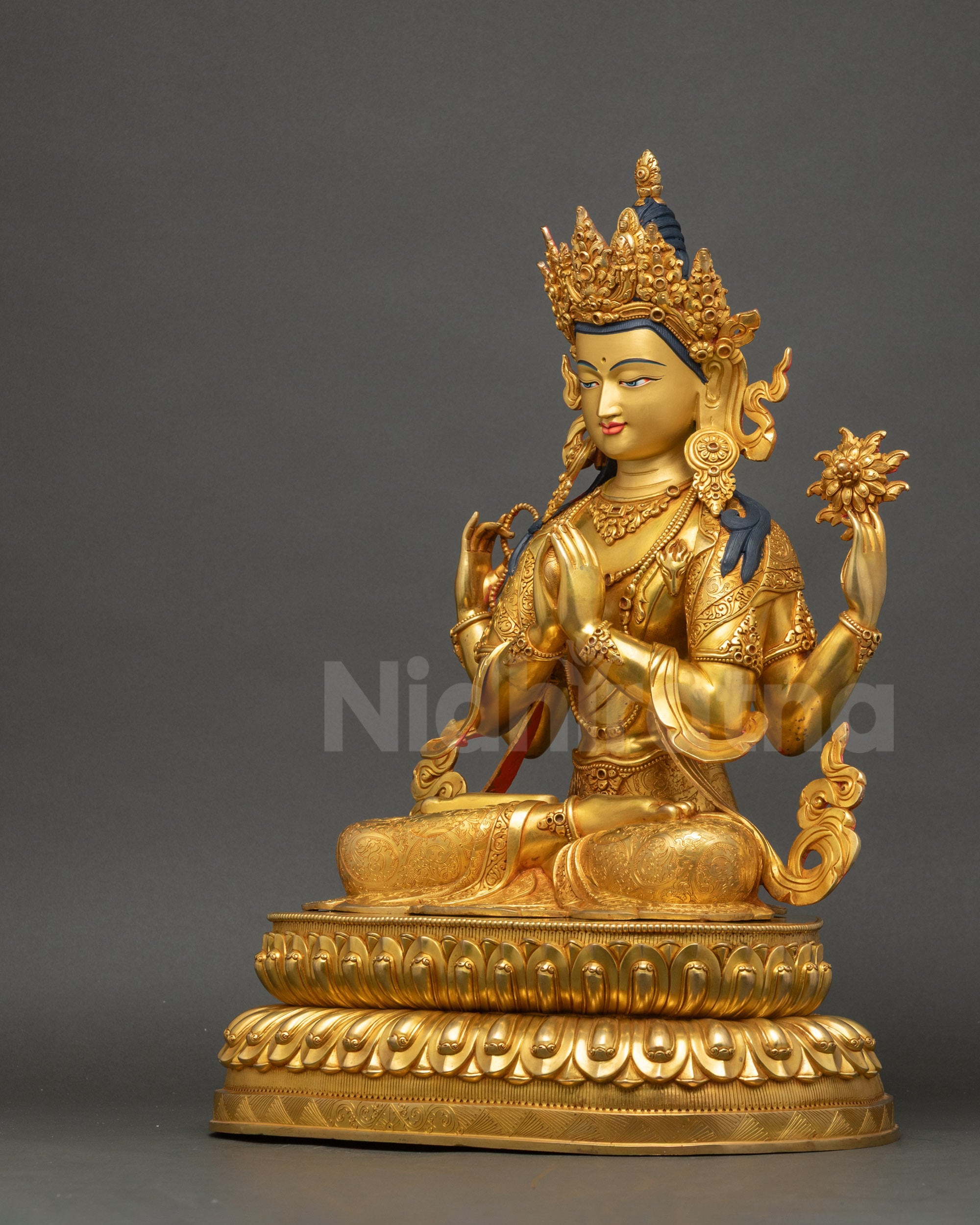 Bodhisattva Chenrezig left side view intricate gold fire-gilding