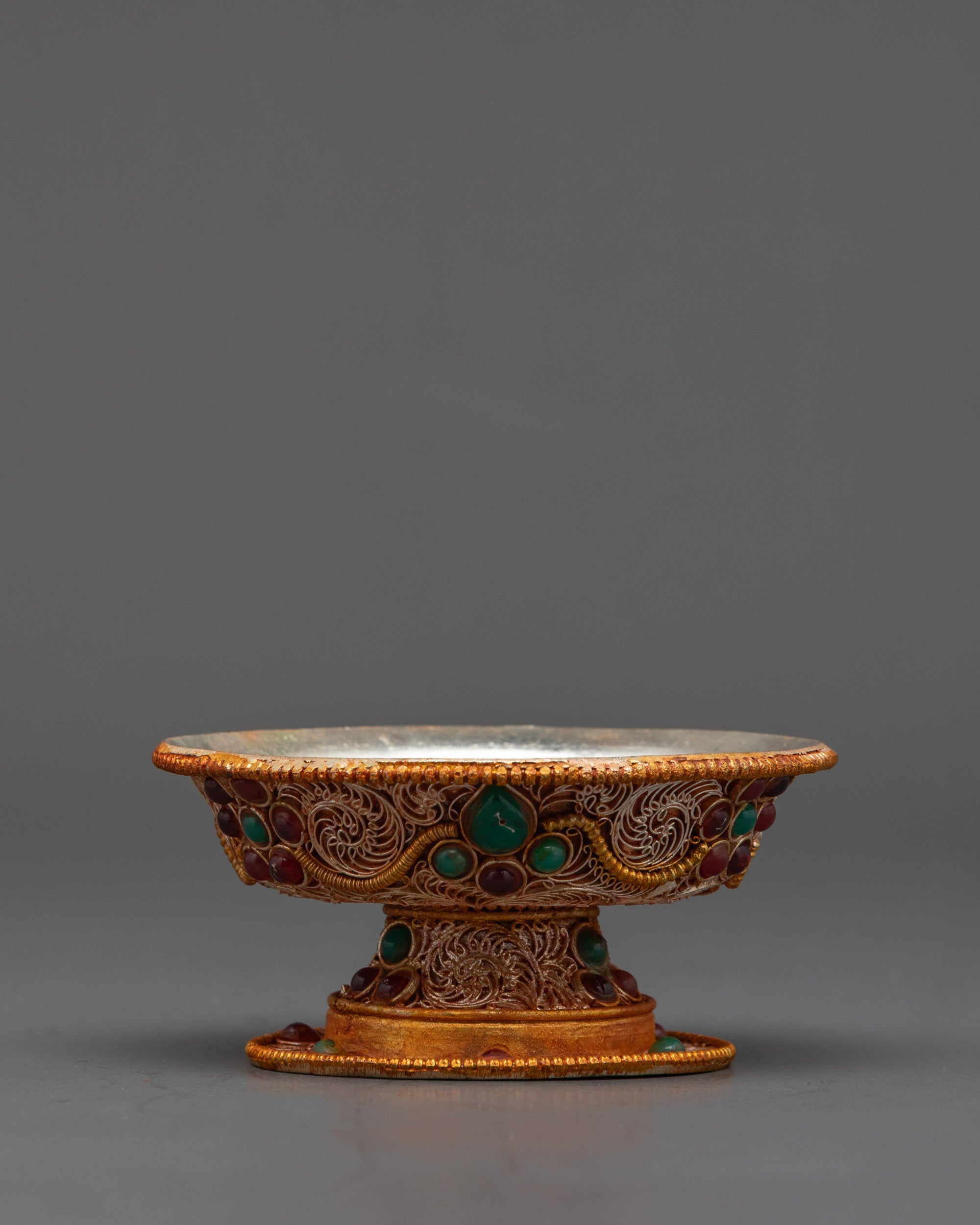5" Tibetan Serkyem Offering Bowl | Gemstone-Adorned Copper Ritual Bowl