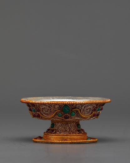 5" Tibetan Serkyem Offering Bowl | Gemstone-Adorned Copper Ritual Bowl