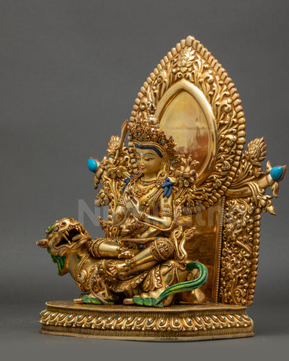 Simhada Manjushri left side view with lotus base and patterned garmentsa