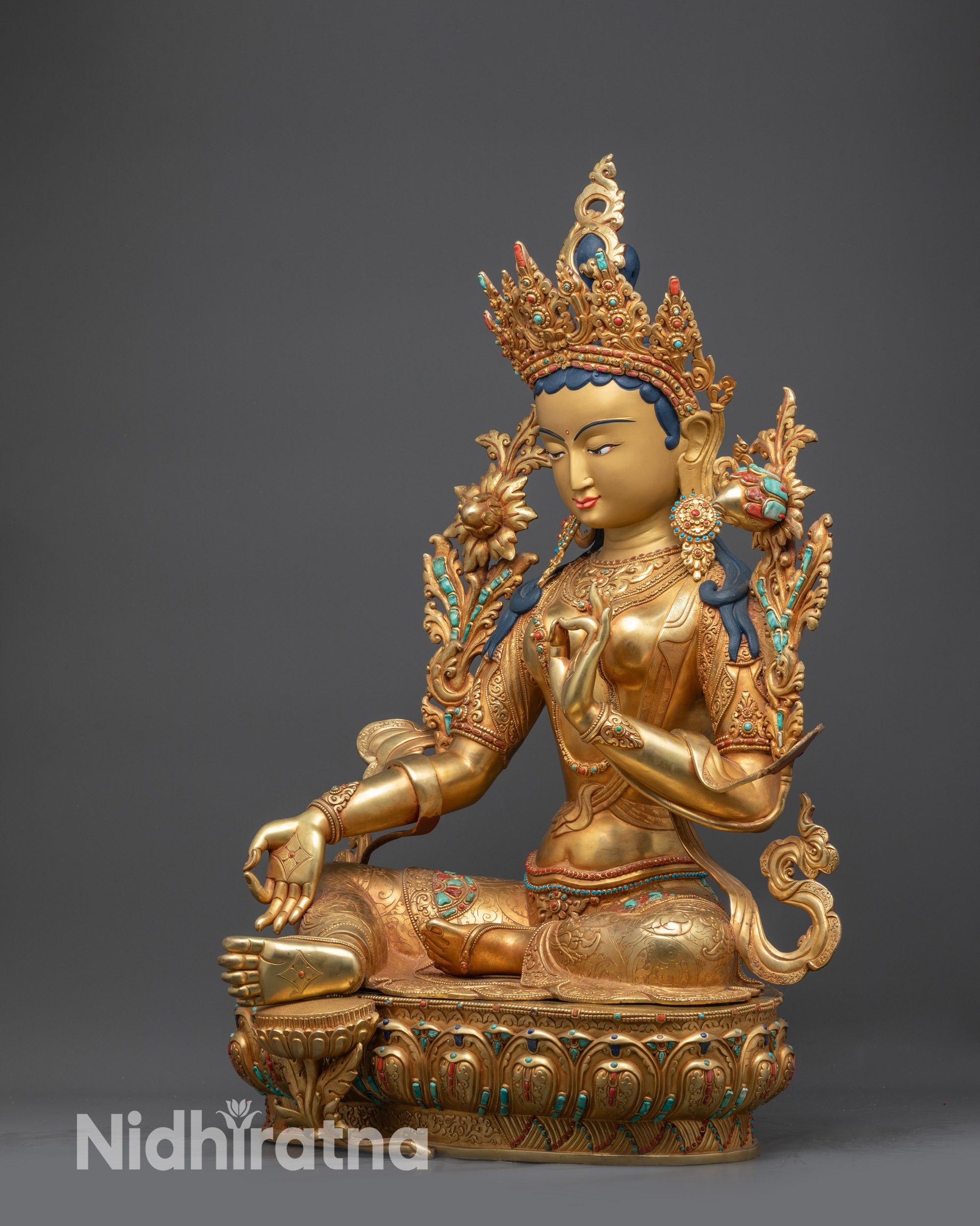 24K Gold-Gilded Green Tara Statue | Traditional Nepalese Buddhist Art