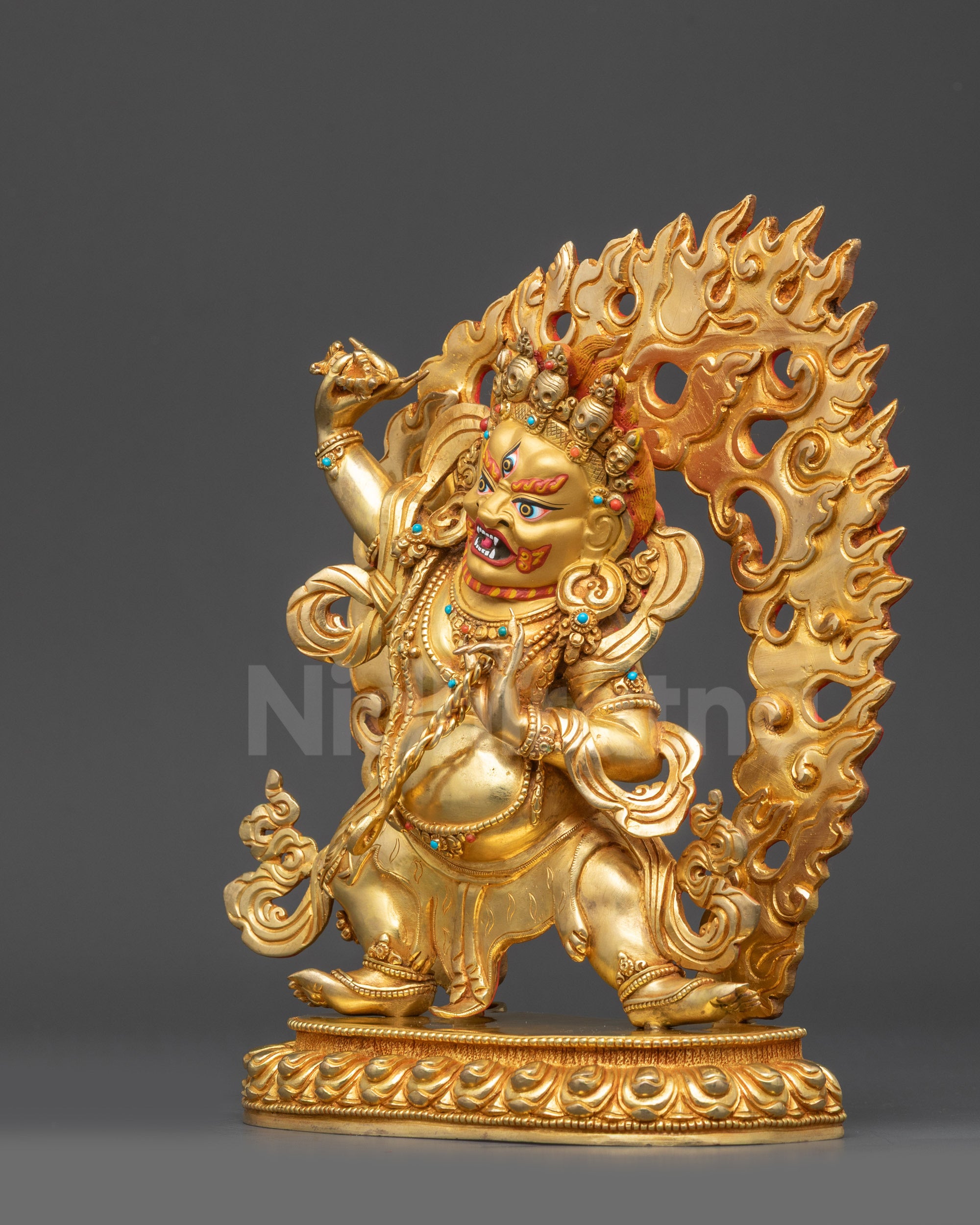 Left view side Vajrapani Statue holding lasso blazing halo protector deity sculpture
