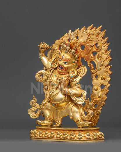 Left view side Vajrapani Statue holding lasso blazing halo protector deity sculpture
