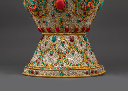 Back view of handcrafted Himalayan Flower Vase showcasing auspicious symbols and ornate gold-silver detailing made by Nepalese artisans.