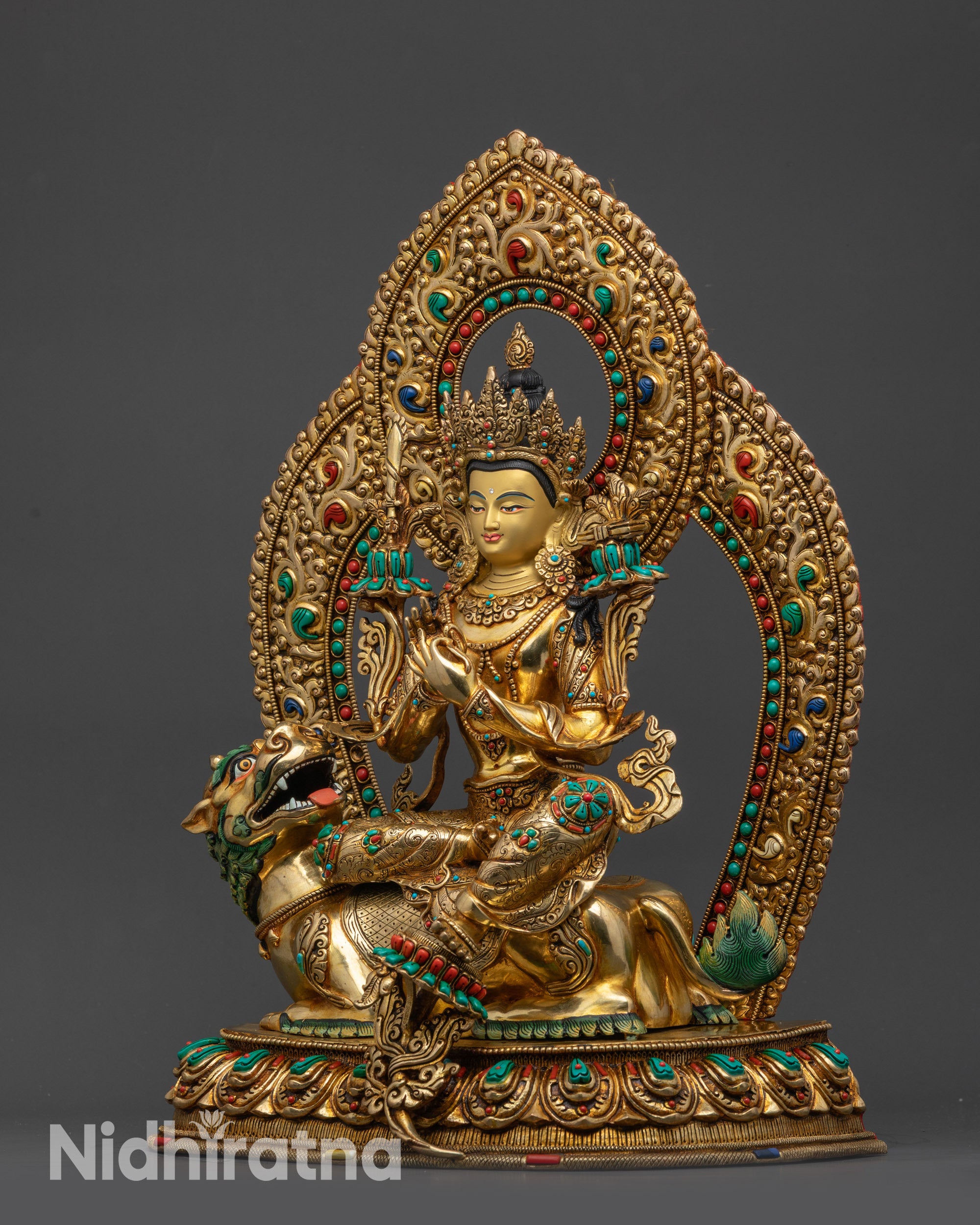 Wisdom-Inspiring Simhada Manjushri Statue | Sacred Tibetan Buddhist Art