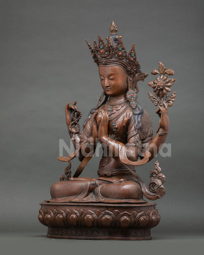 Four-Armed Chenrezig Statue | Oxidized Copper Sculpture