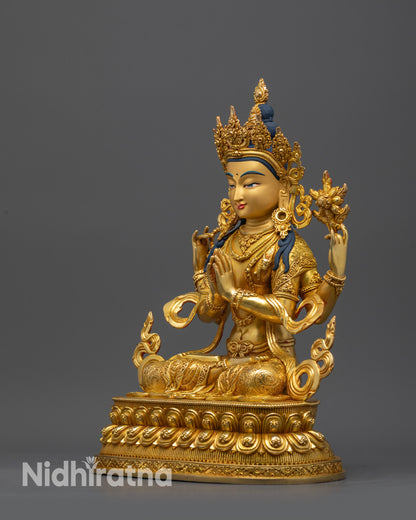 24K Gold-Gilded Chenrezig Sculpture | Four-Armed Avalokiteshvara Statue