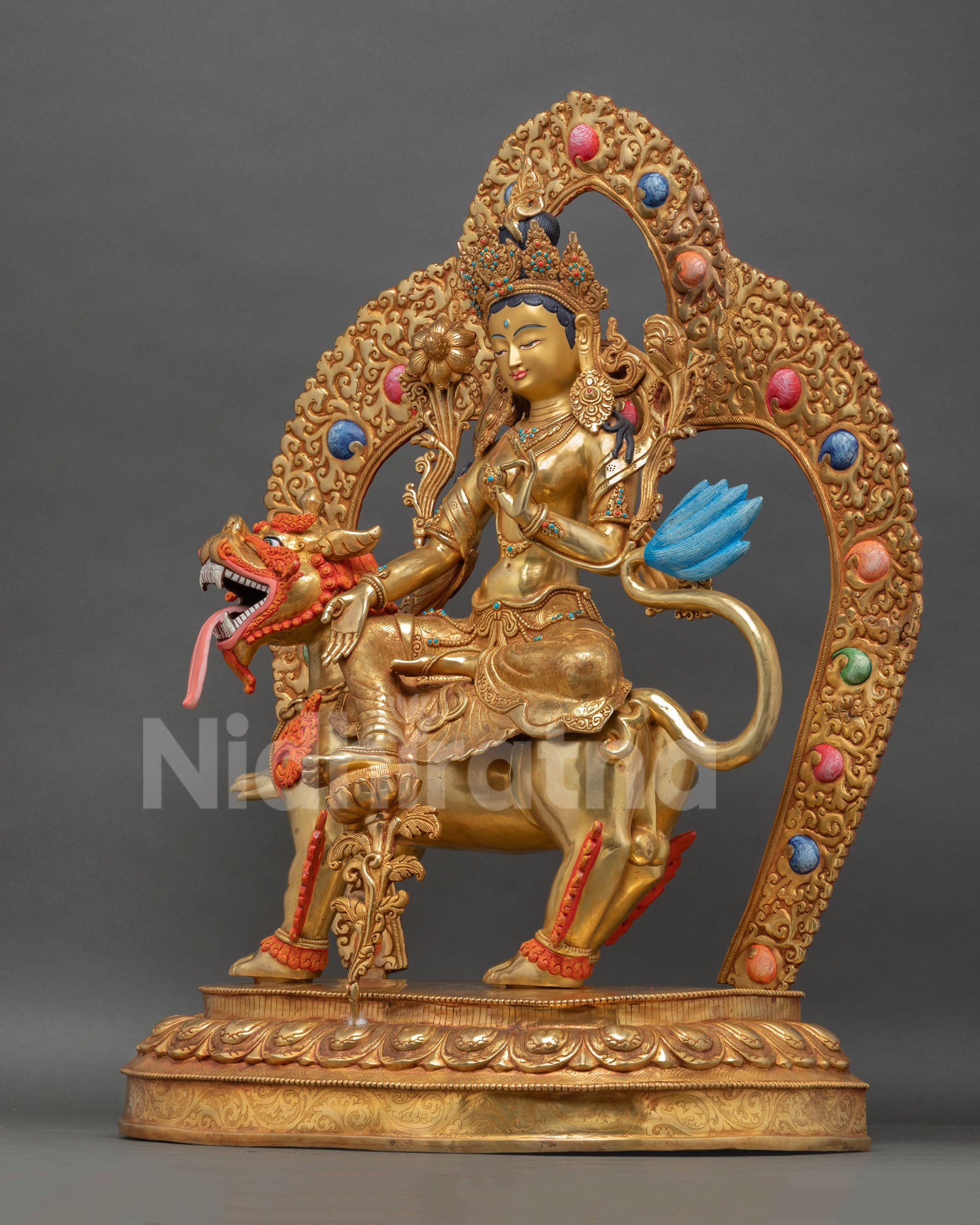 Green Tara Statue on Ornate Snow Lion Throne |  Handmade in Nepal