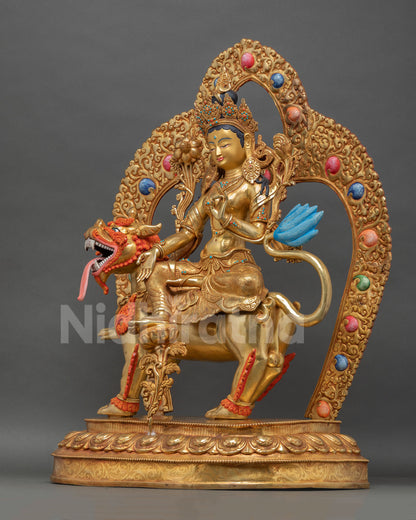 Green Tara Statue on Ornate Snow Lion Throne |  Handmade in Nepal