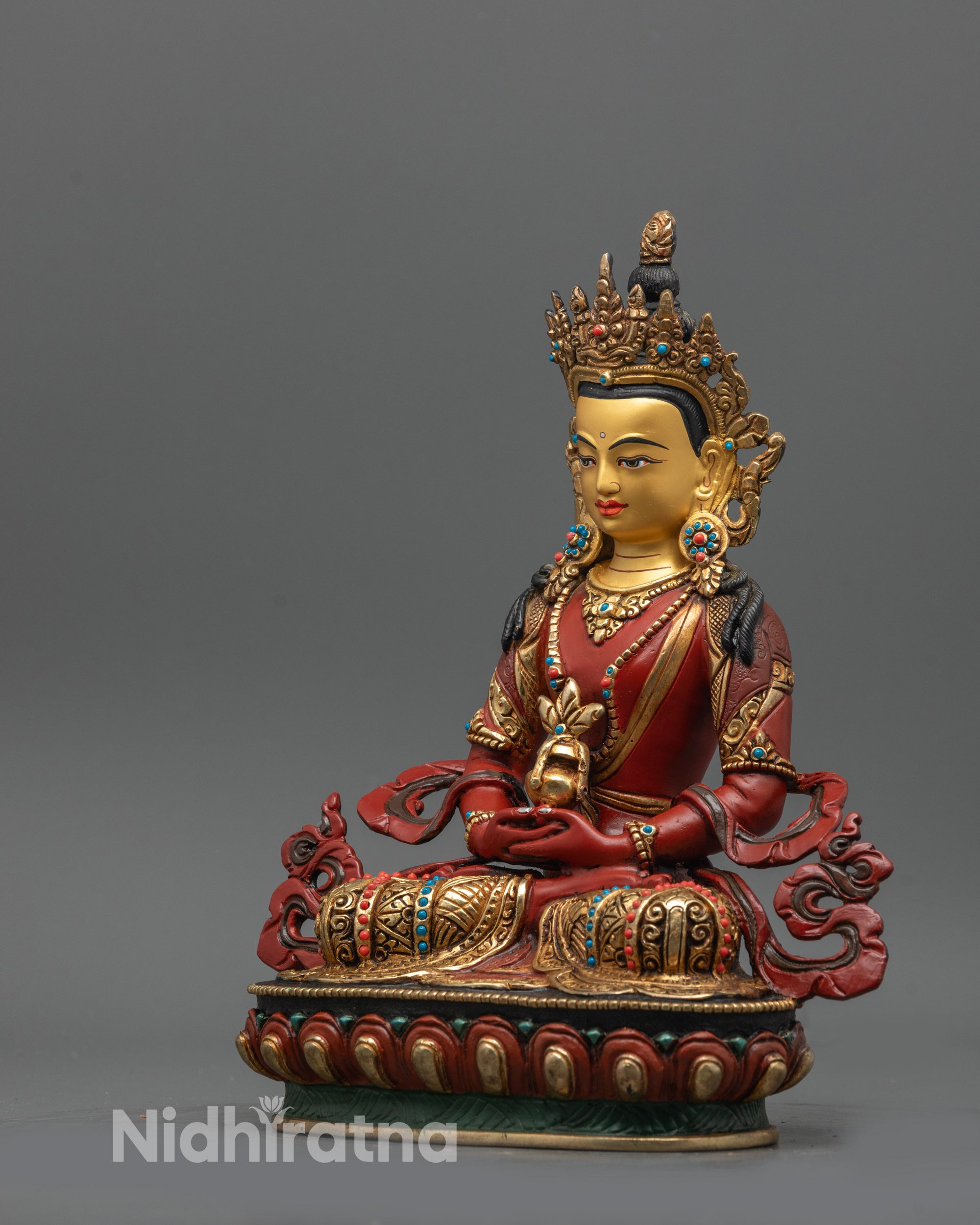 Red Hued Amitayus Statue | Handmade Nepalese Buddha for Altar
