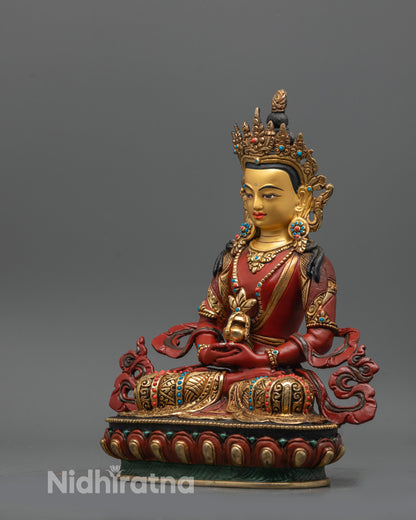 Red Hued Amitayus Statue | Handmade Nepalese Buddha for Altar