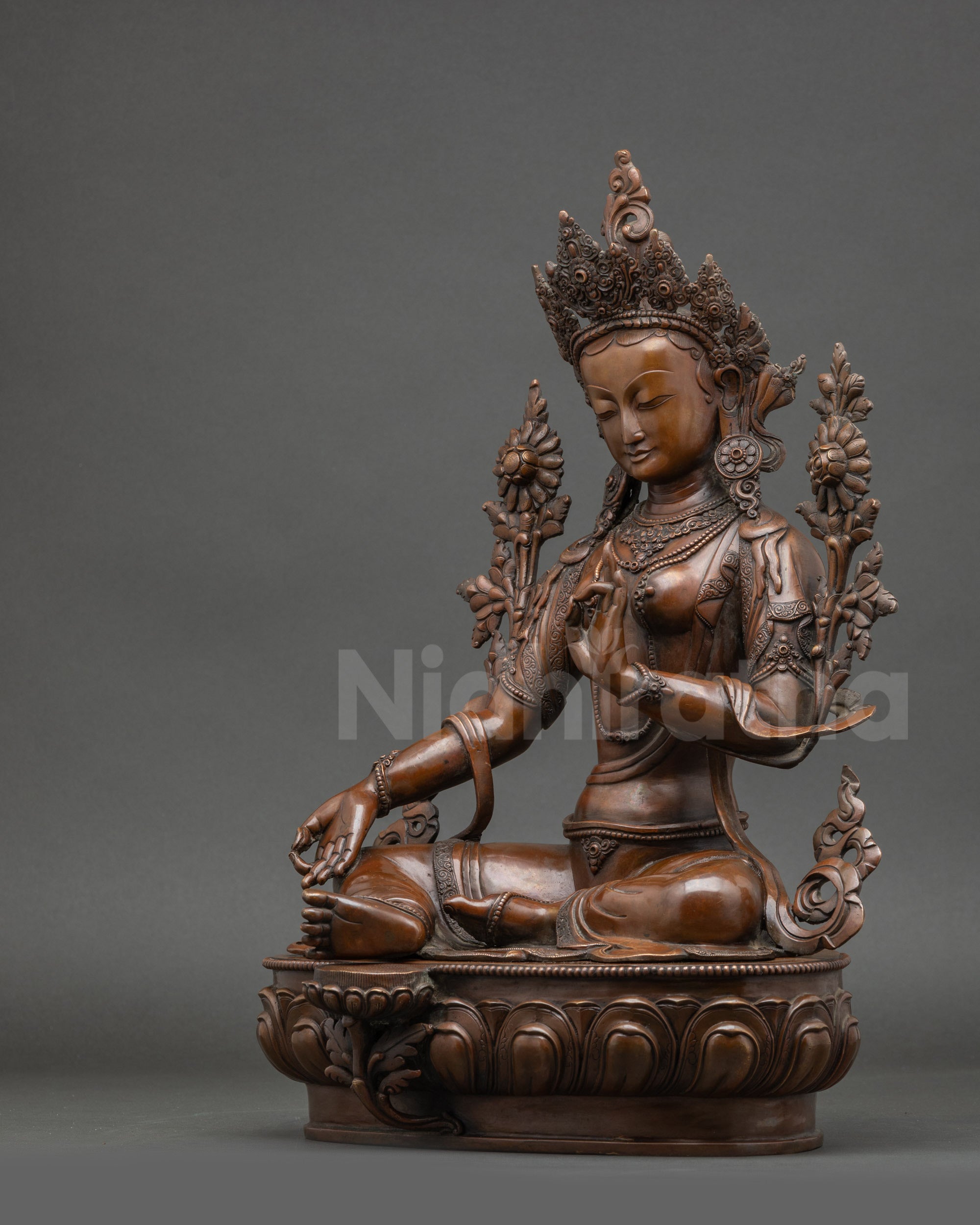Nepalese Green Tara Statue with an Oxidized Finish