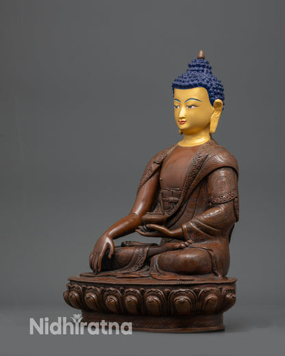 Tibetan Shakyamuni Buddha Statue – Oxidized Copper with Gold Face