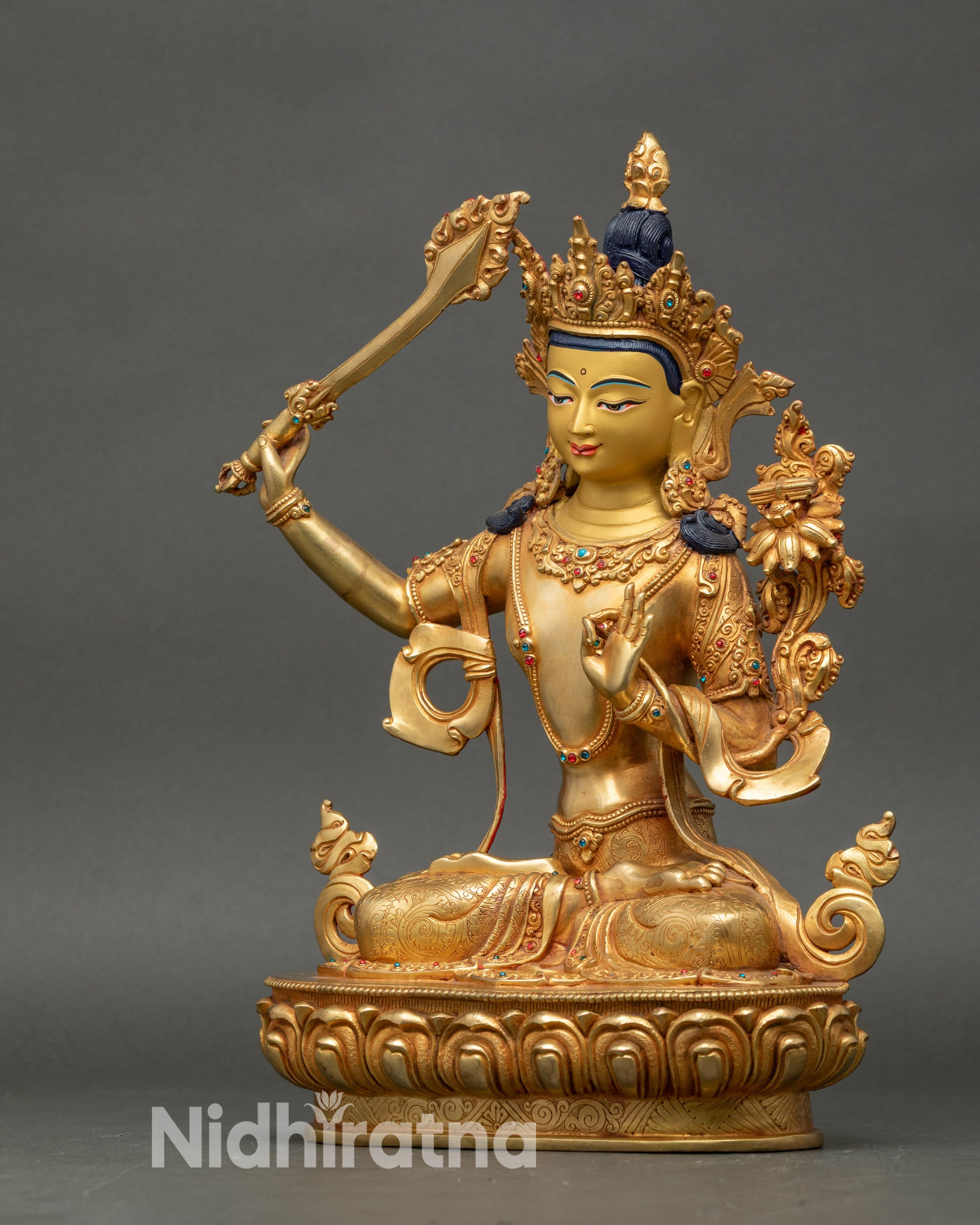 Manjushri with Flaming Sword - Sacred Buddhist Wisdom Sculpture