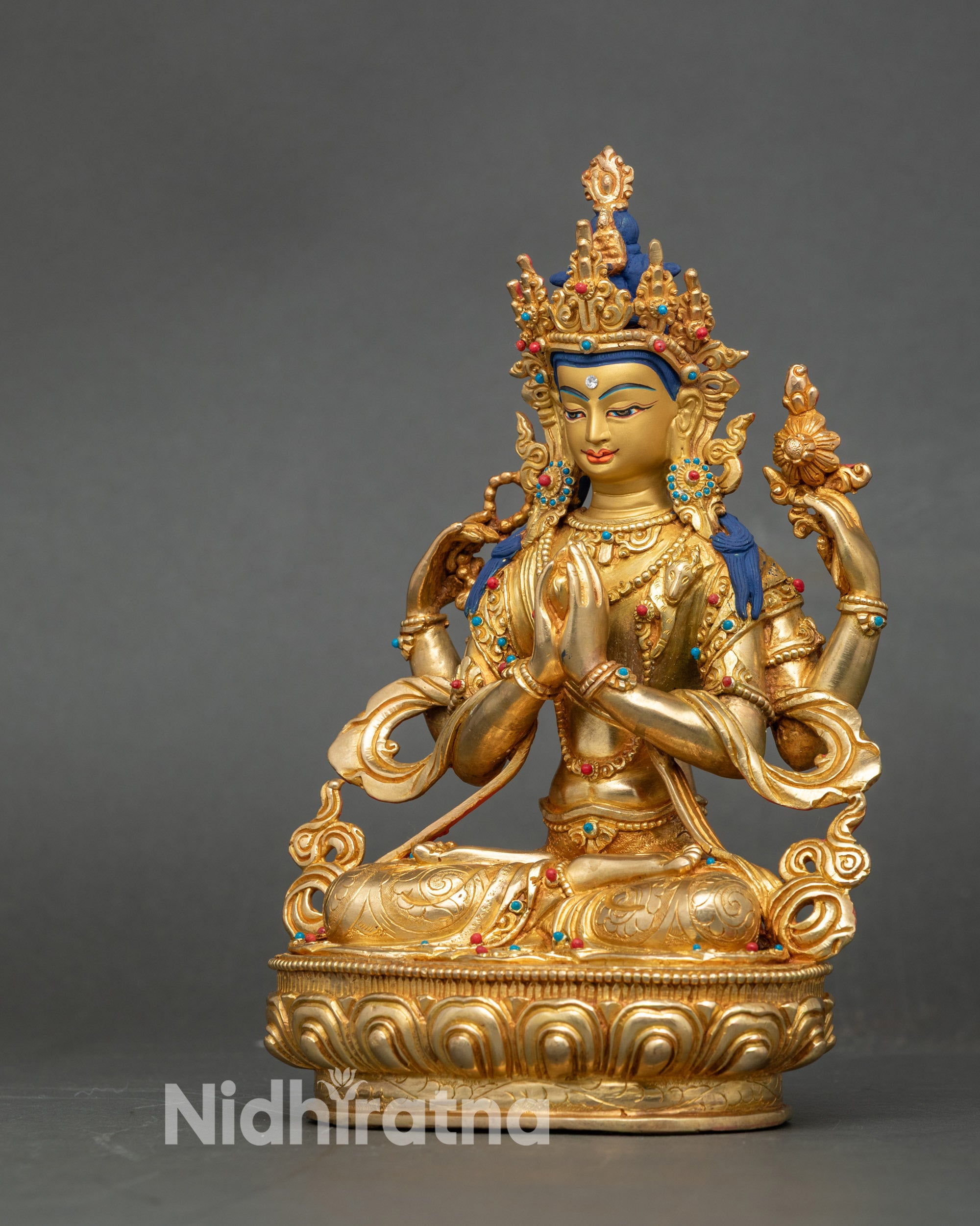Avalokiteshvara Sculpture – Divine Compassion in Gold Gilded Copper