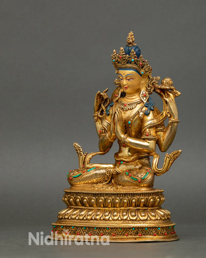 24K Gold Avalokiteshvara Sculpture | Buddhist Icon for Home Altar