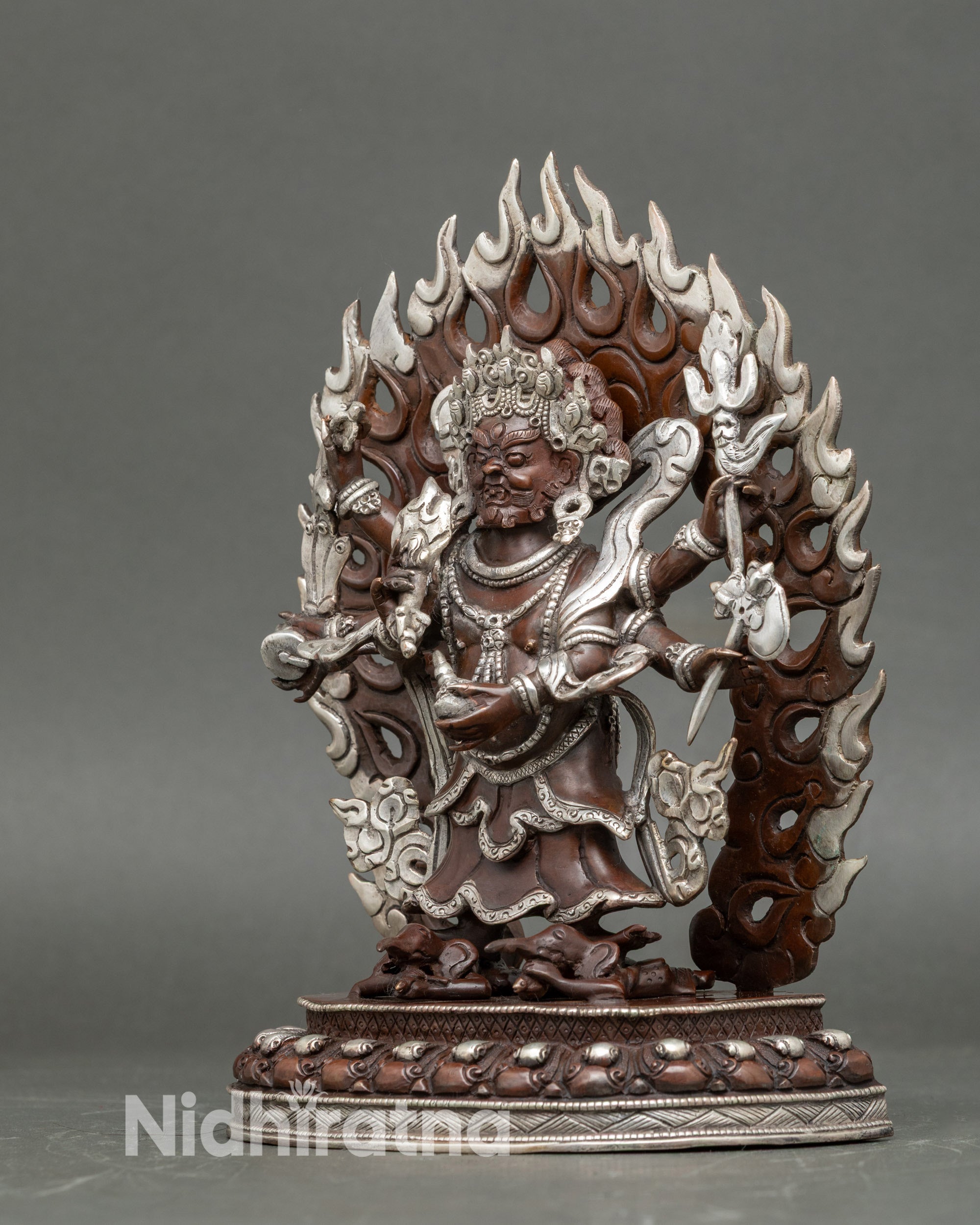 Handcrafted Oxidized White Mahakala Sculpture with Silver-Plated Finish
