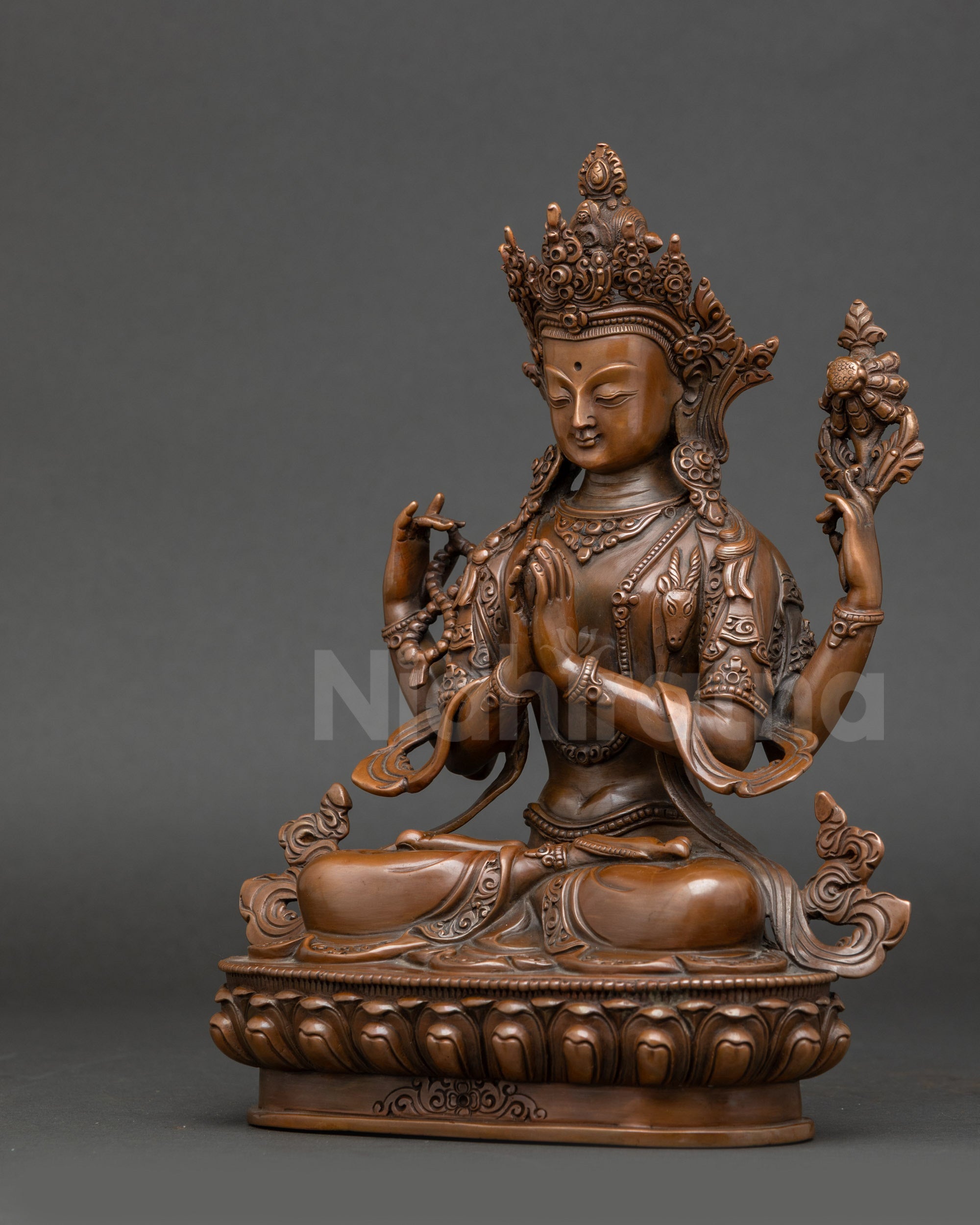 Four-Arm Oxidized Chenrezig Sculpture for Mindfulness