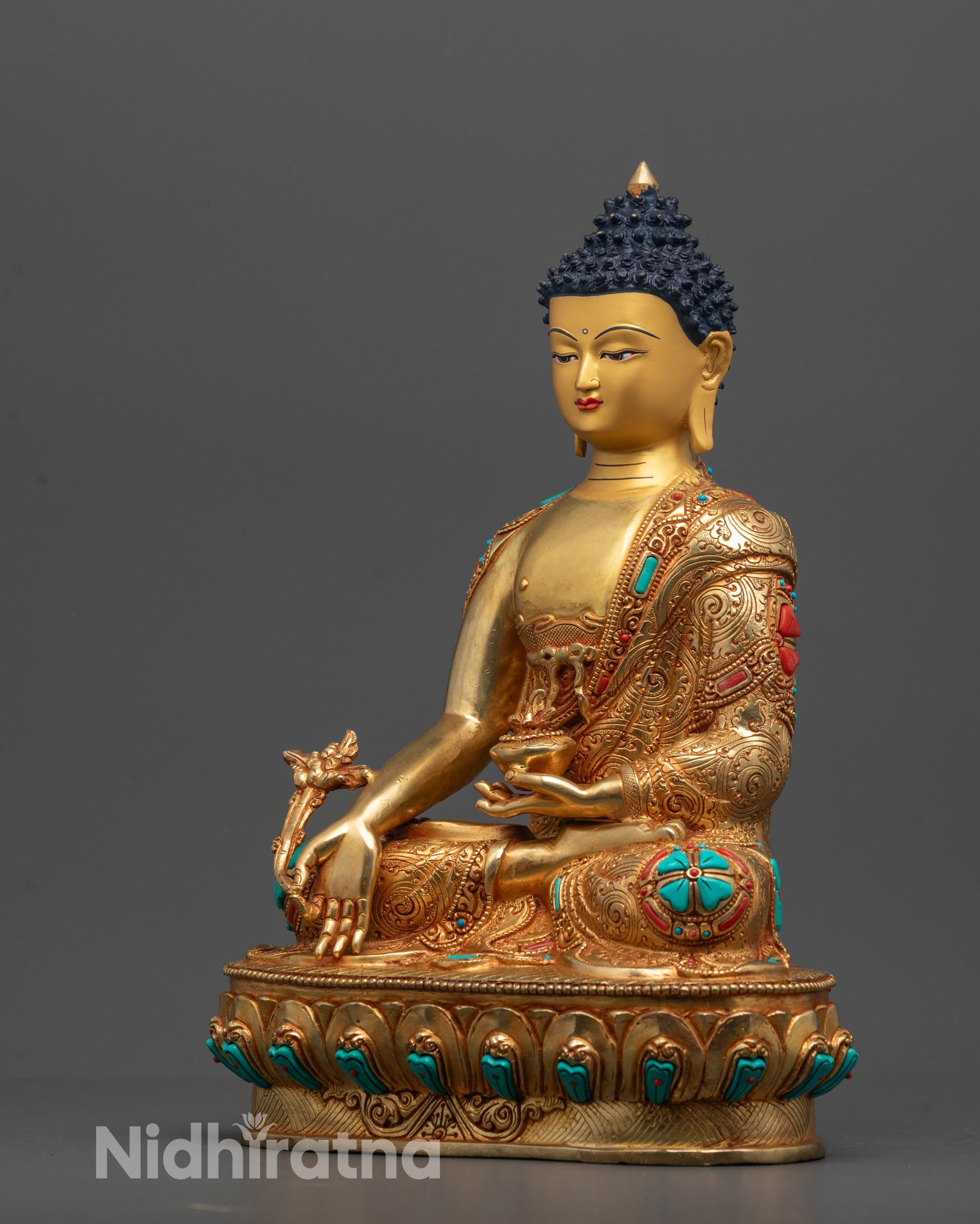 24k Fire Gold Gilded Medicine Buddha (Vaidurya Prabha Raja) statue