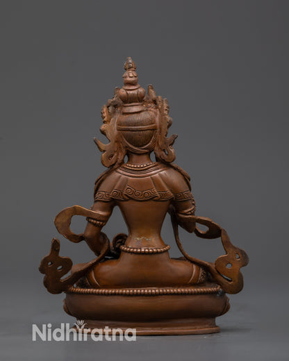 Back view Vajrasattva Nepalese statue highlighting oxidized copper and intricate carving