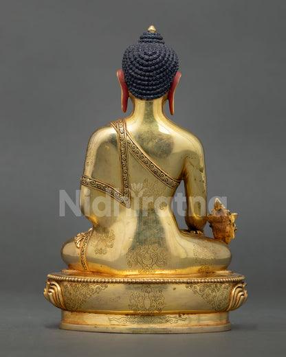 Back view Medicine Buddha statue, engraved lotus pedestal and detailed sacred craftsmanship