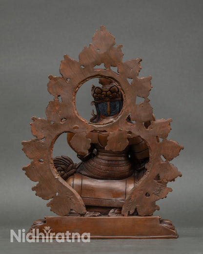 Back view Namtoshe statue on snow lion throne, meditative posture, Tibetan Buddhist décor