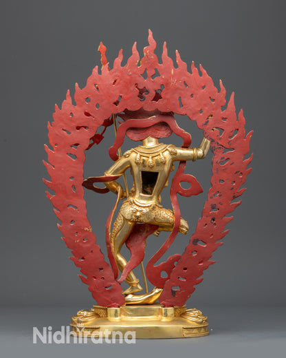 Back view Simhamukha Dakini sculpture with flame halo and intricate lost-wax carvings