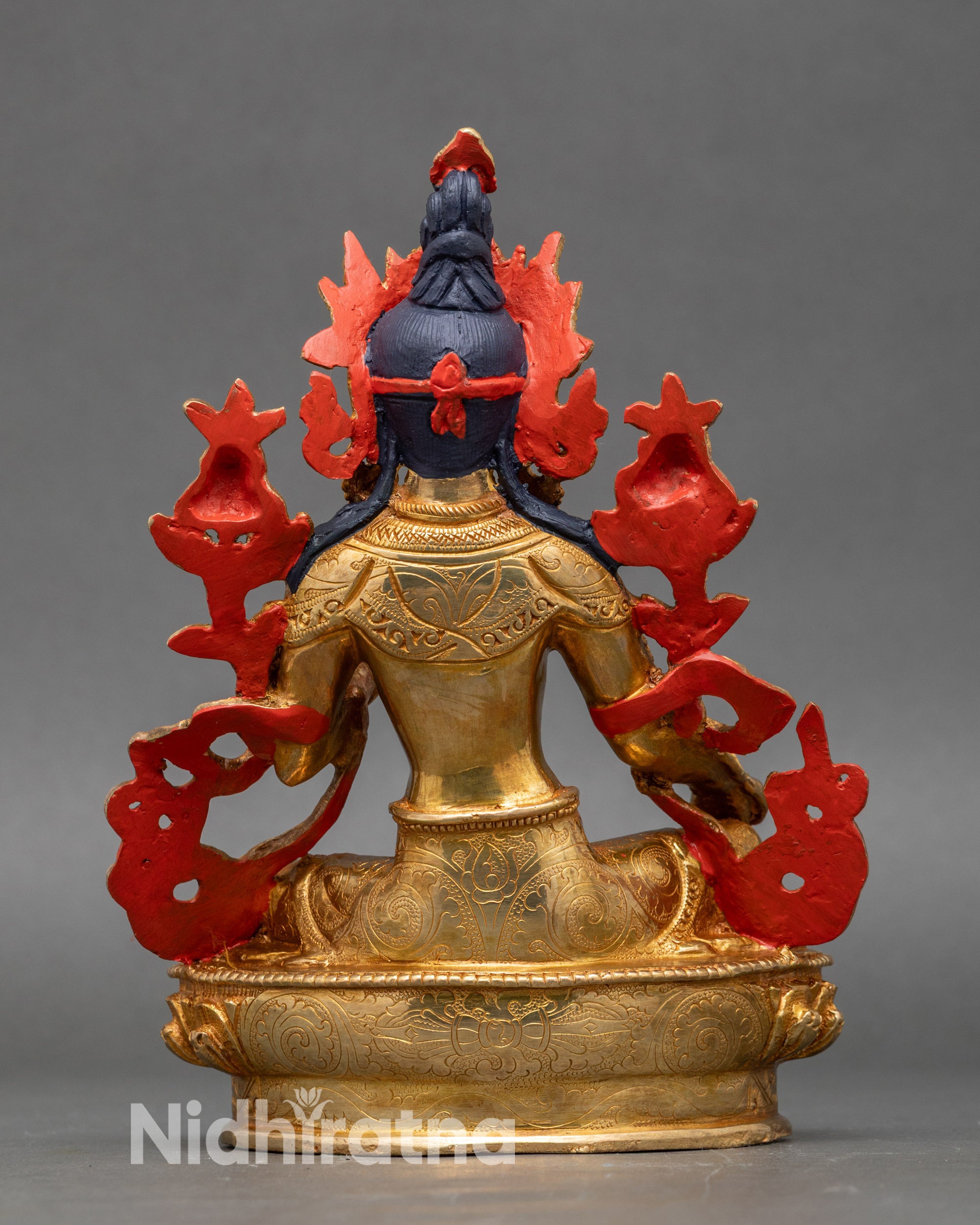 Back view Green Tara Statue – gold-gilded copper with vibrant hand-painted details
