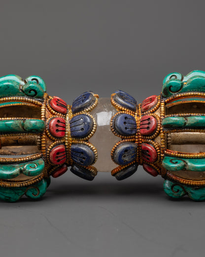 Tibetan Vajra for Sale | Copper Dorje with Turquoise, Coral & Lapis Inlays