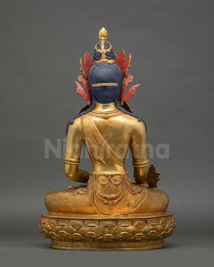 Back view Medicine Buddha statue seated on lotus base, Buddhist healing decor