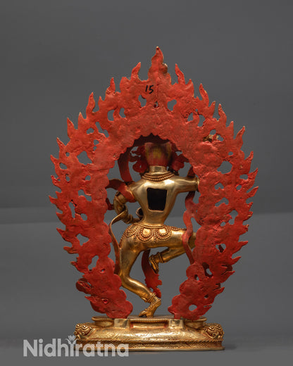 Back view Machig Labdron Statue with shell crown jewelry and giant halo on copper base