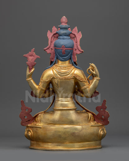Chenrezig Avalokiteshvara statue back view carved robes crown Nepalese art